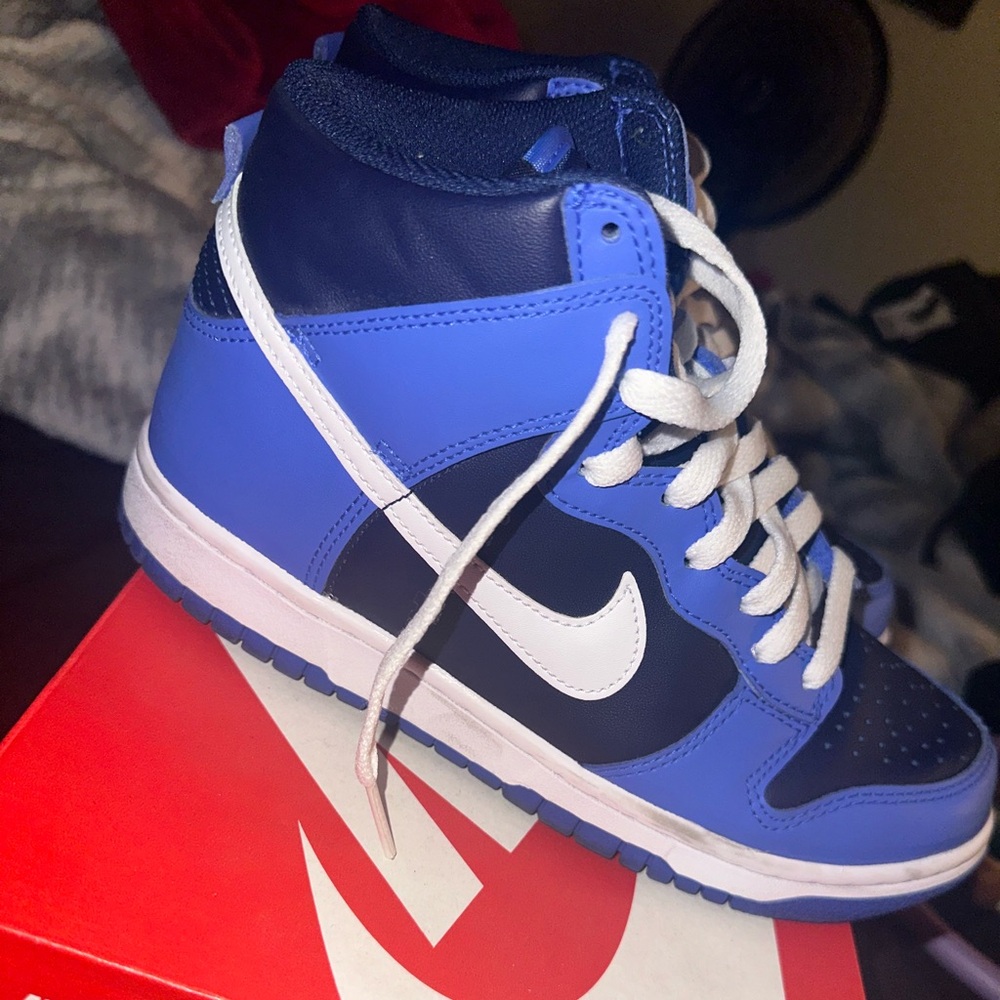 Medium blue and navy Nike high top dunks